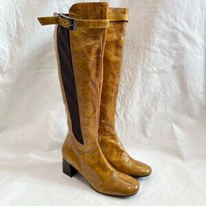 Progetto knee high boots 38 7.5 gold tan brown patent leather block heel buckle